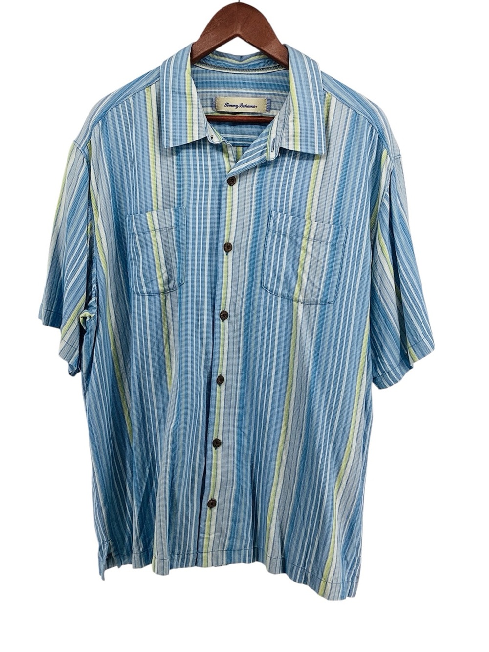 🍄 Tommy Bahama Light Blue and Light Green Striped Top, Size XL